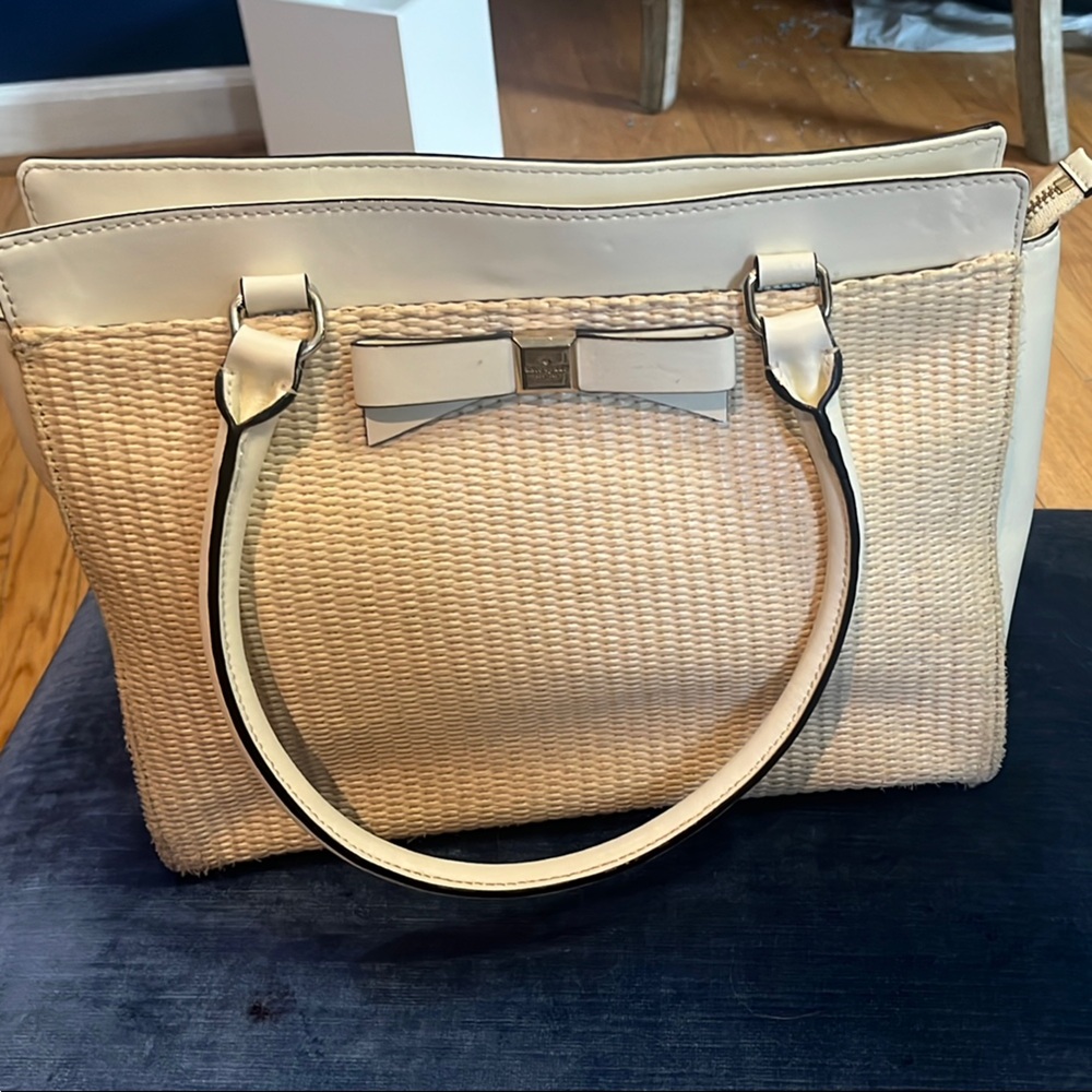 Kate Spade Cream Woven Tote with Bow Detail
